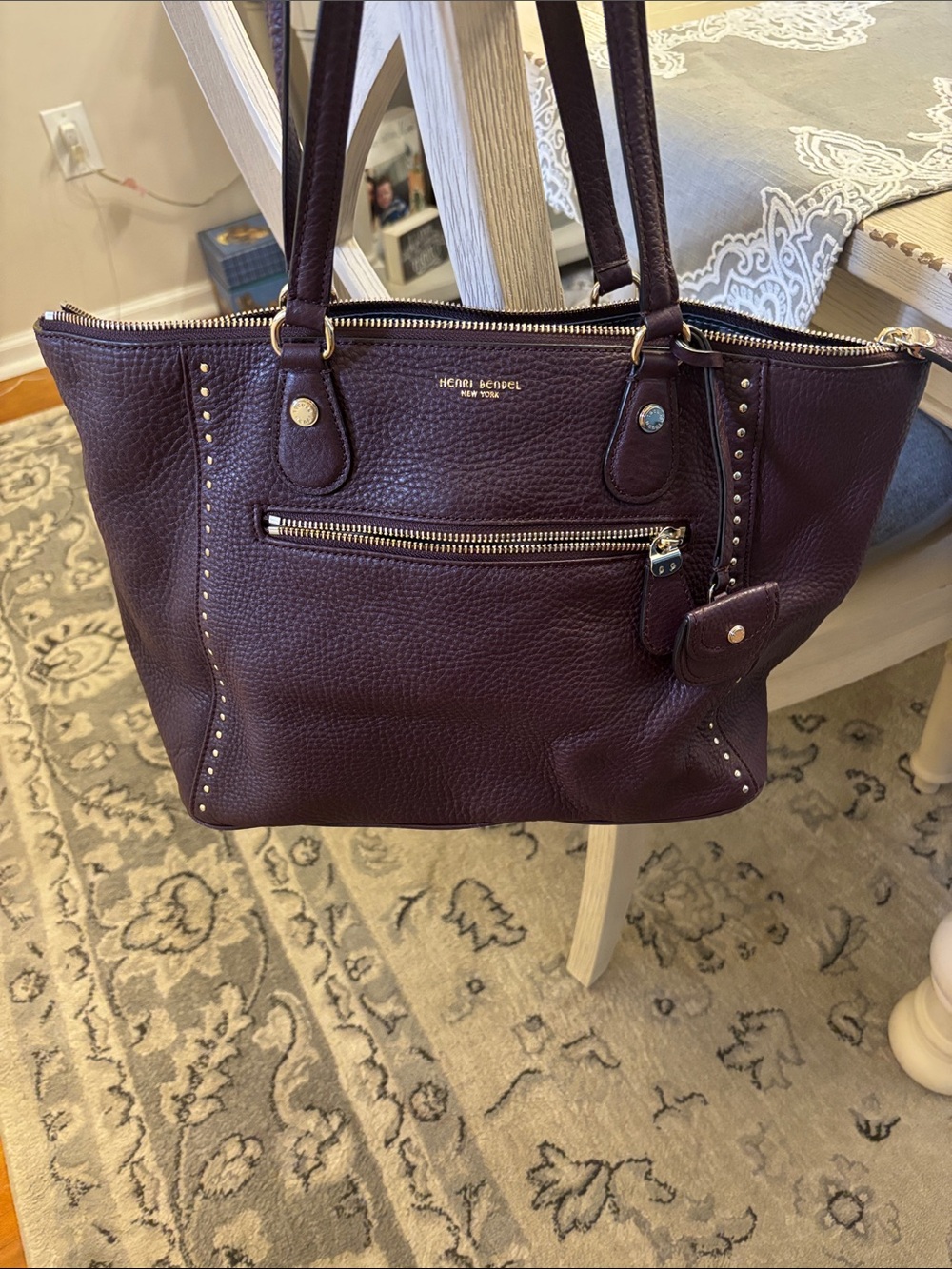 Henri bendel Pebbled Dakota studded Leather Tote in Plum with Gold Hardware